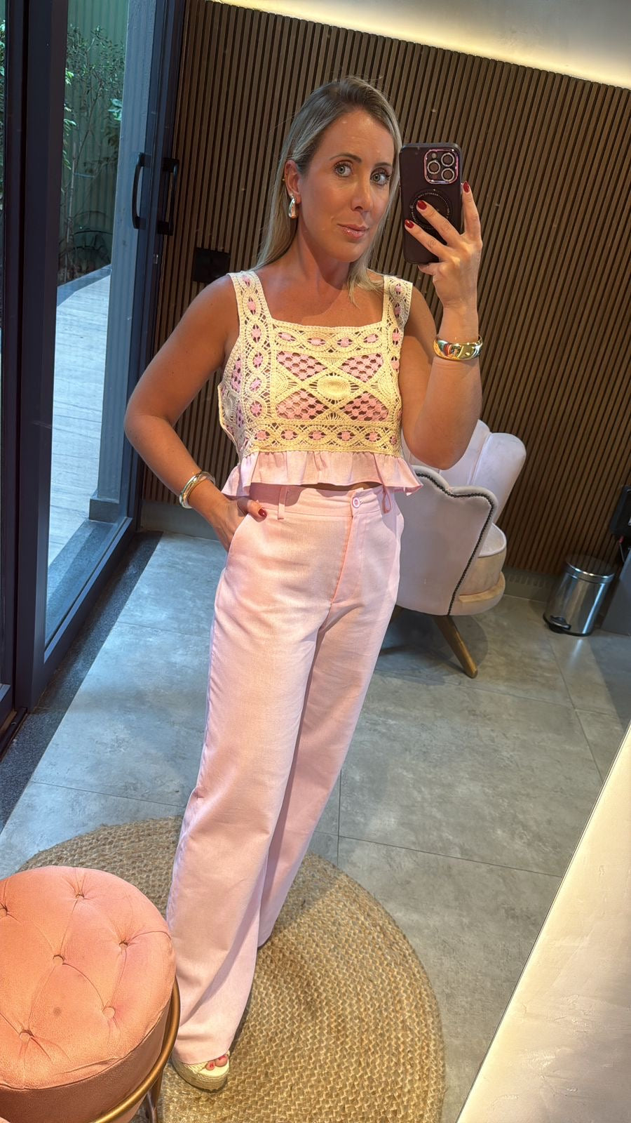 Conjunto calça e croped crochê