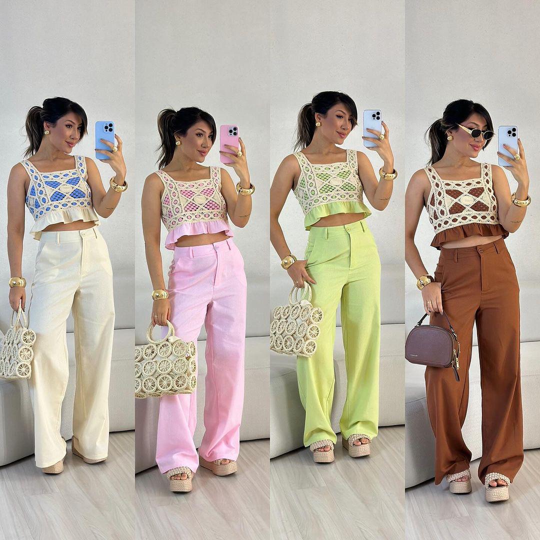 Conjunto calça e croped crochê