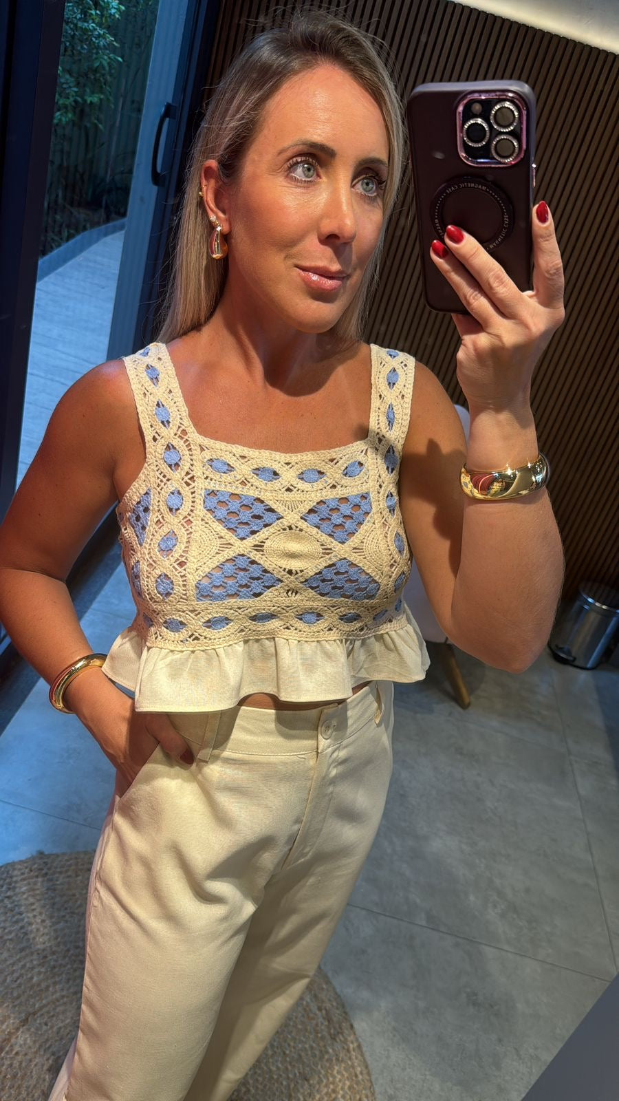 Conjunto calça e croped crochê