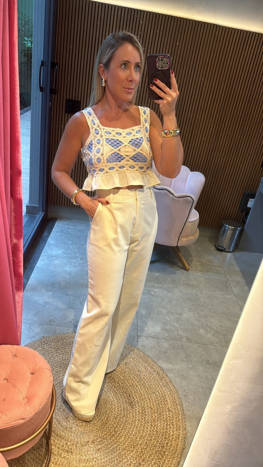 Conjunto calça e croped crochê