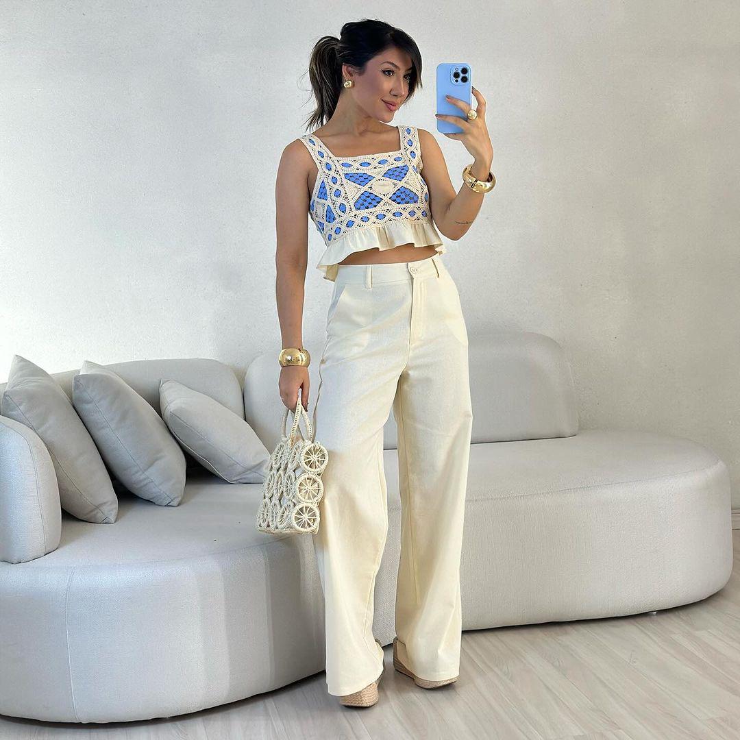 Conjunto calça e croped crochê