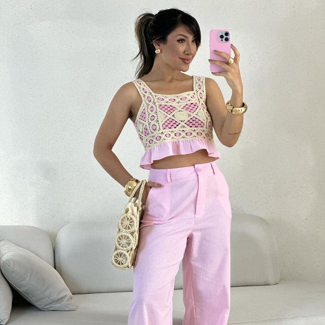 Conjunto calça e croped crochê
