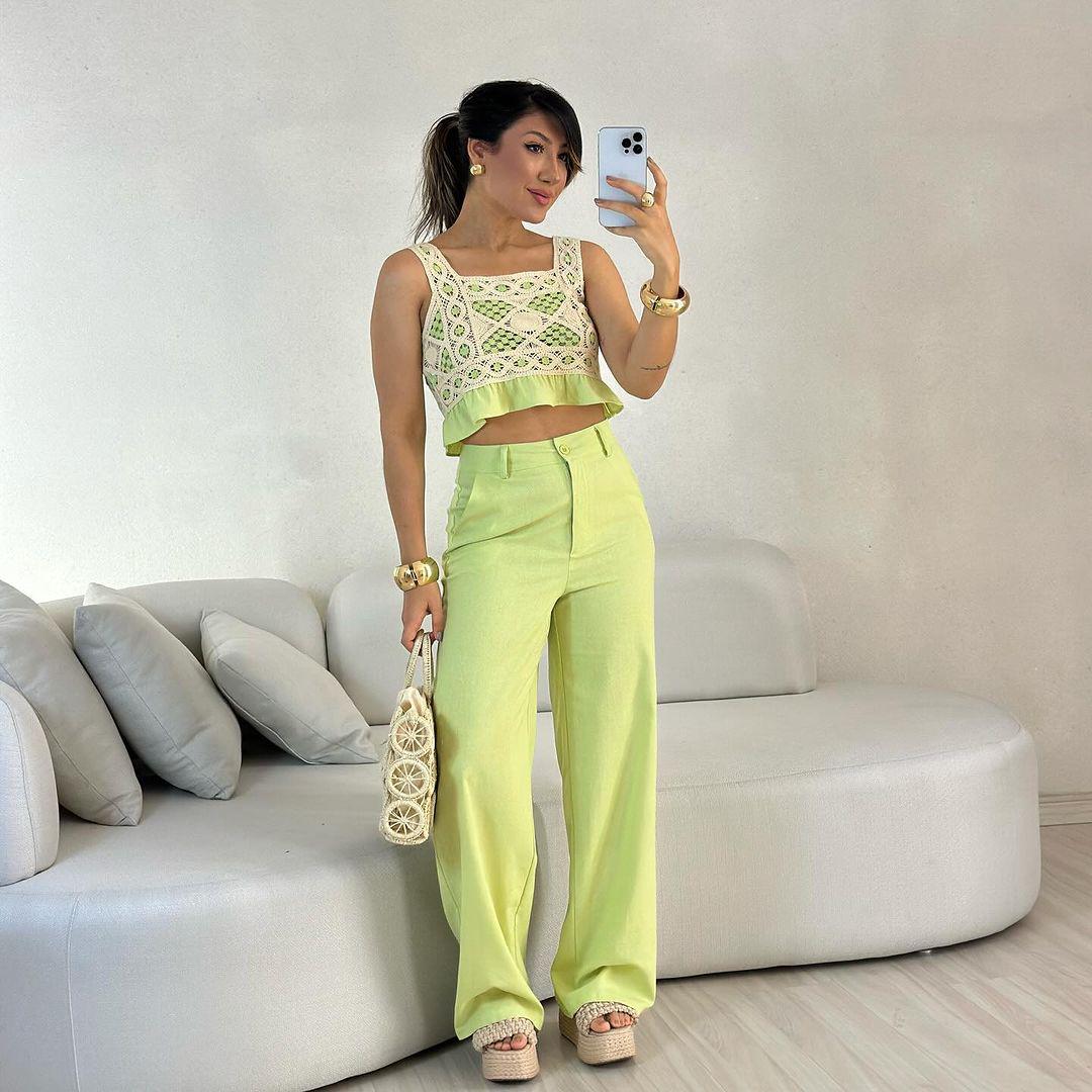Conjunto calça e croped crochê