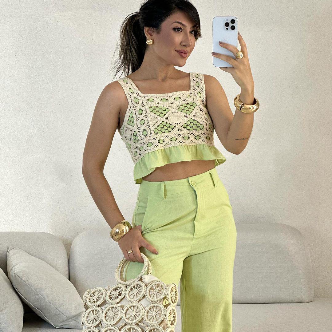 Conjunto calça e croped crochê