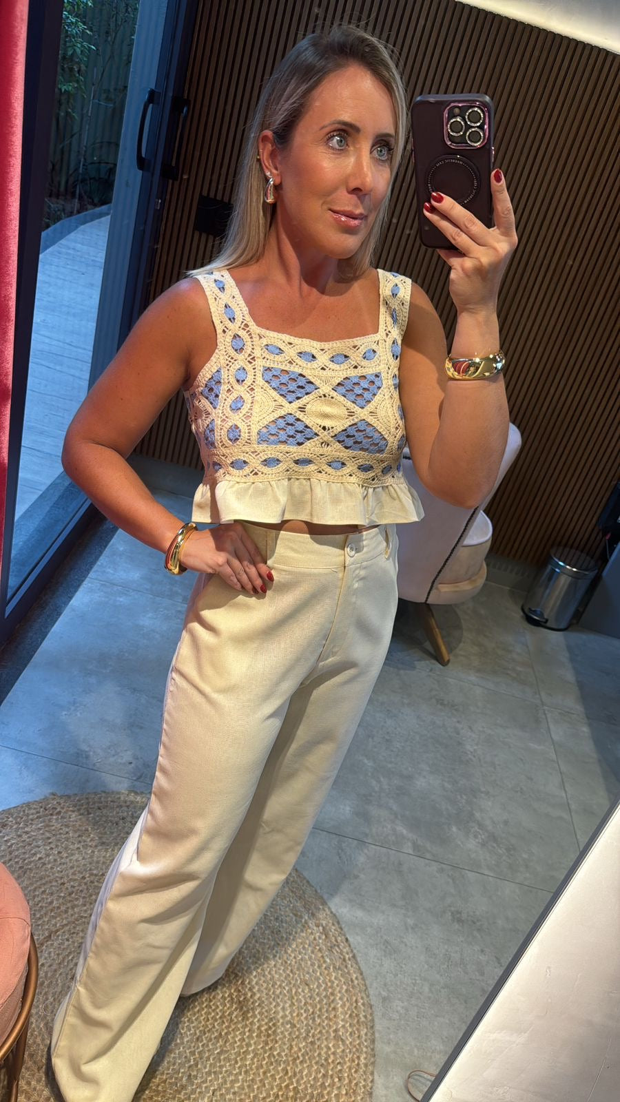 Conjunto calça e croped crochê