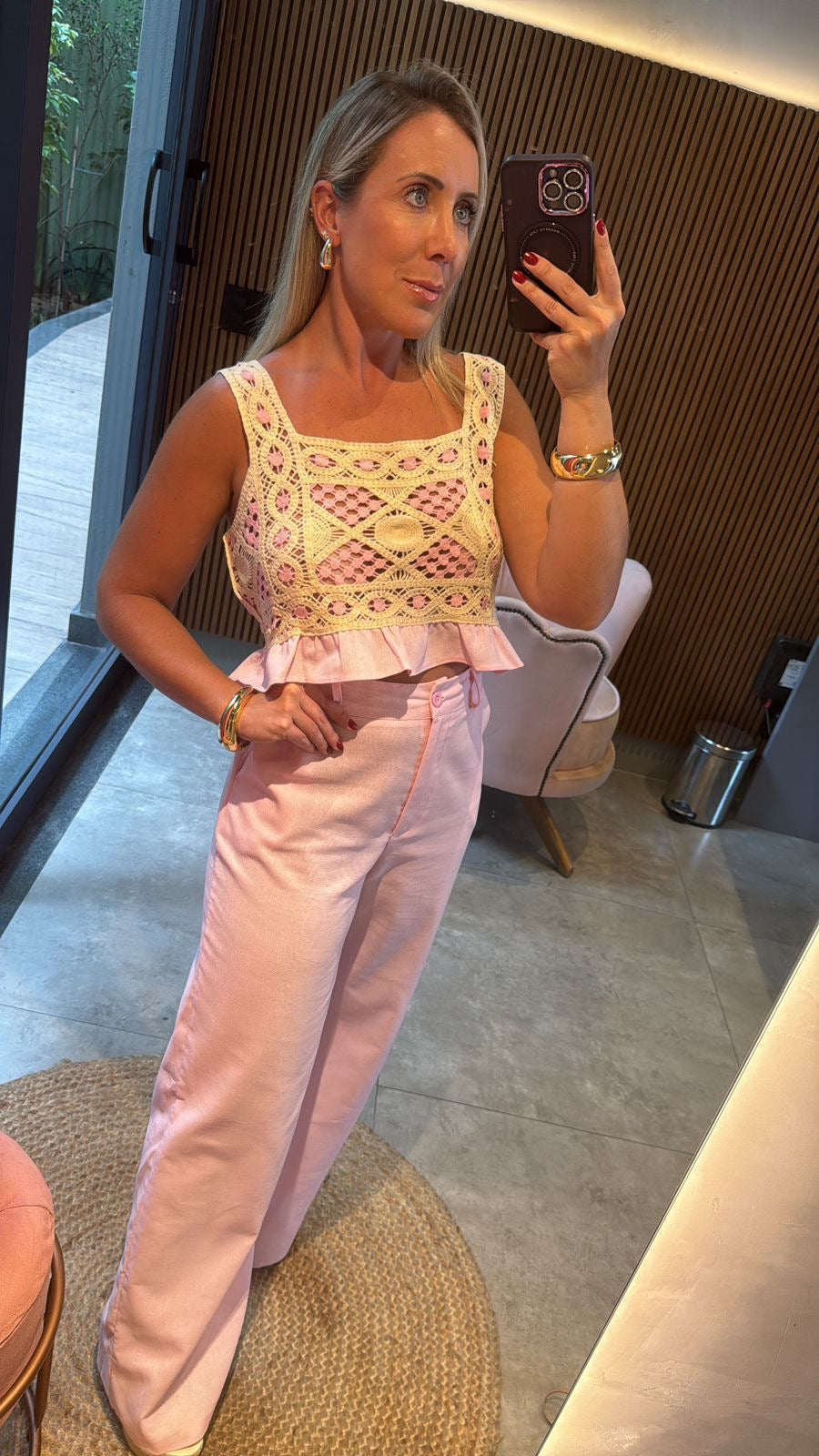 Conjunto calça e croped crochê