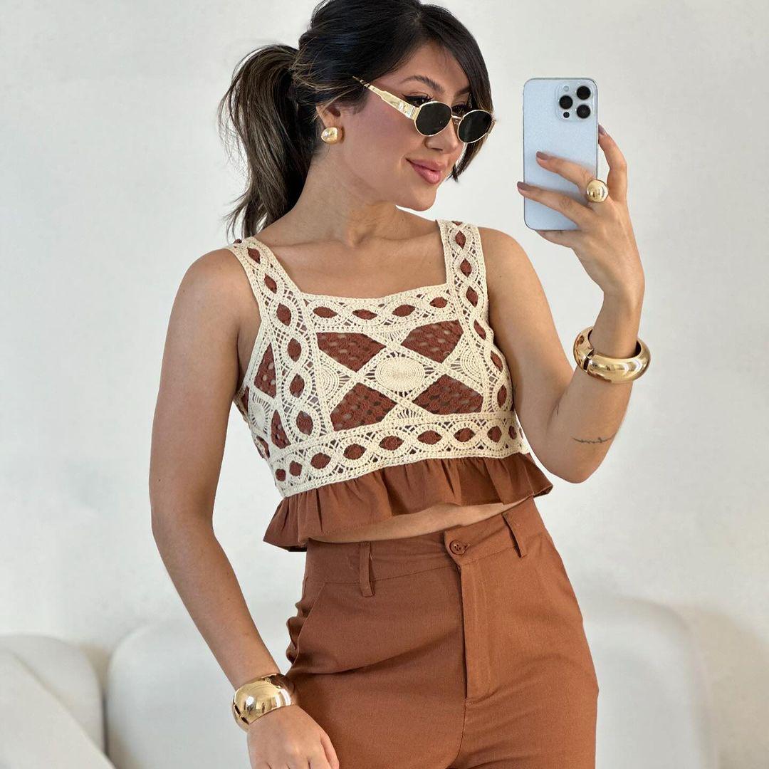 Conjunto calça e croped crochê