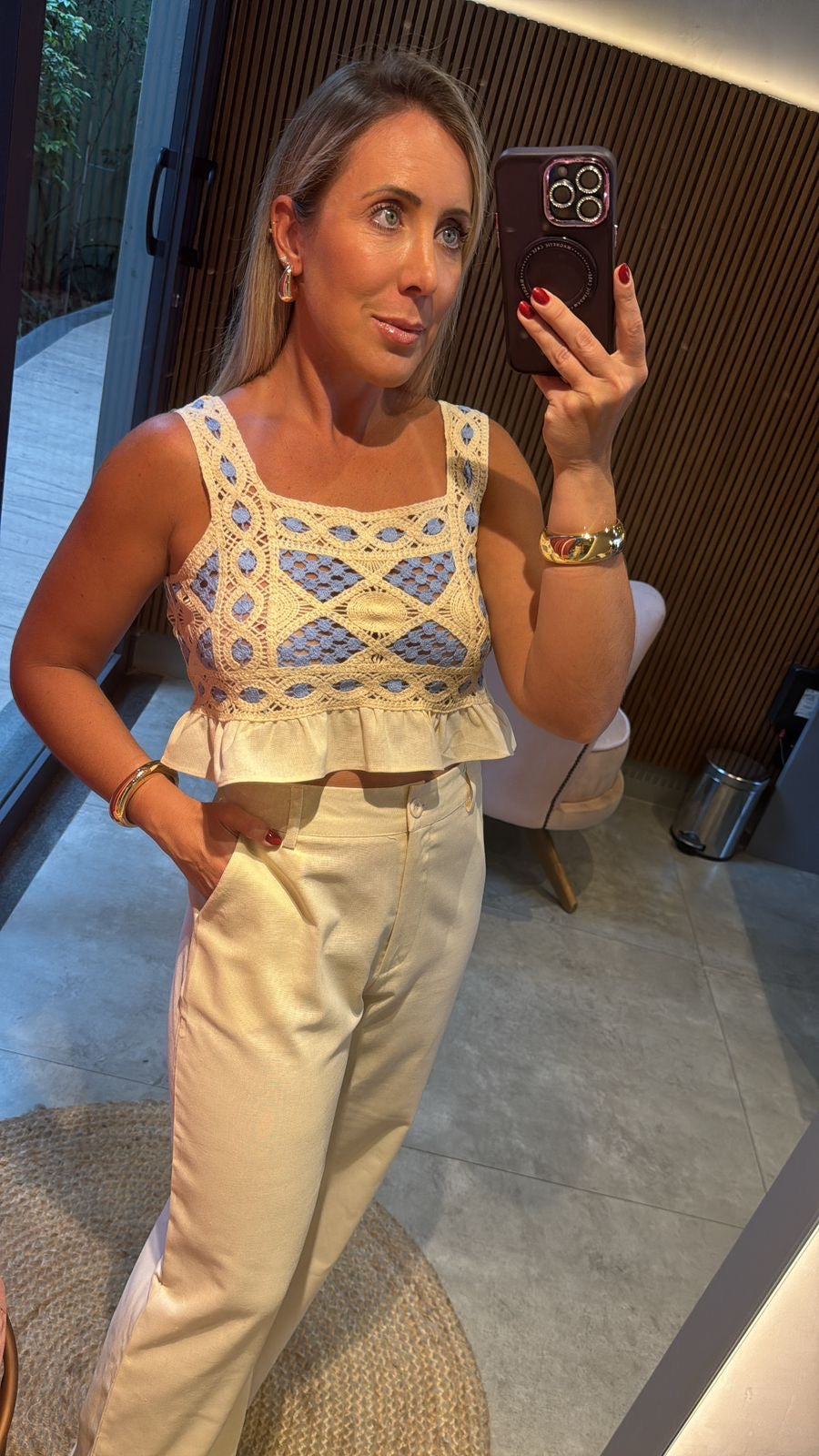 Conjunto calça e croped crochê