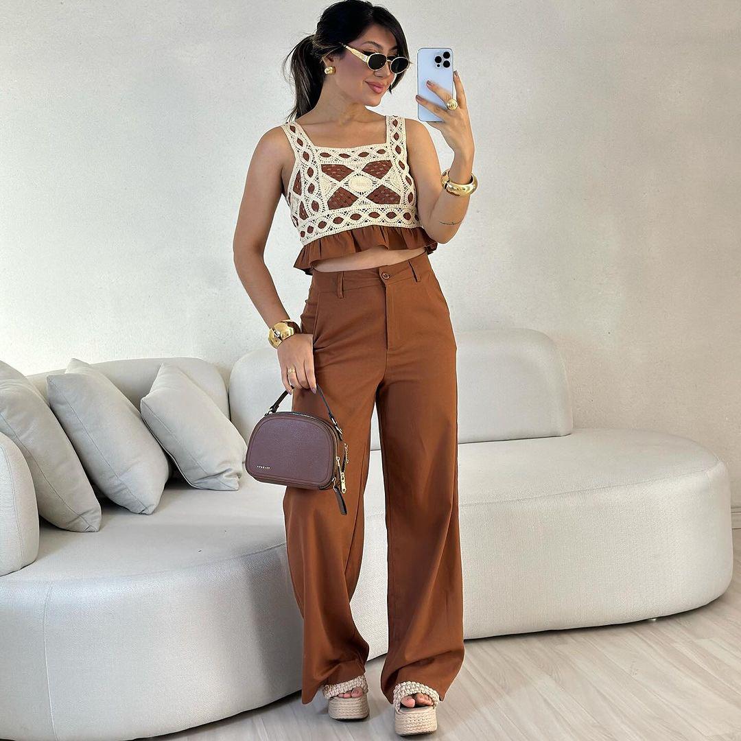 Conjunto calça e croped crochê
