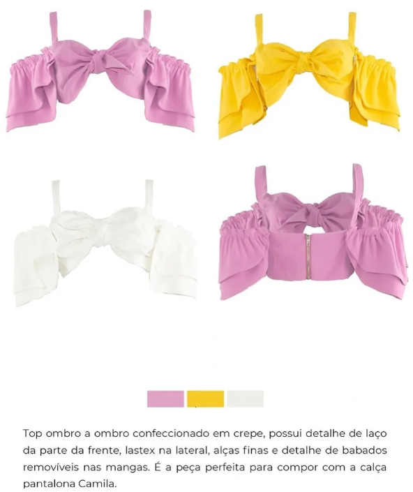 Conjunto em crepe calça e croped possui detalhe de laço mnagas com babados