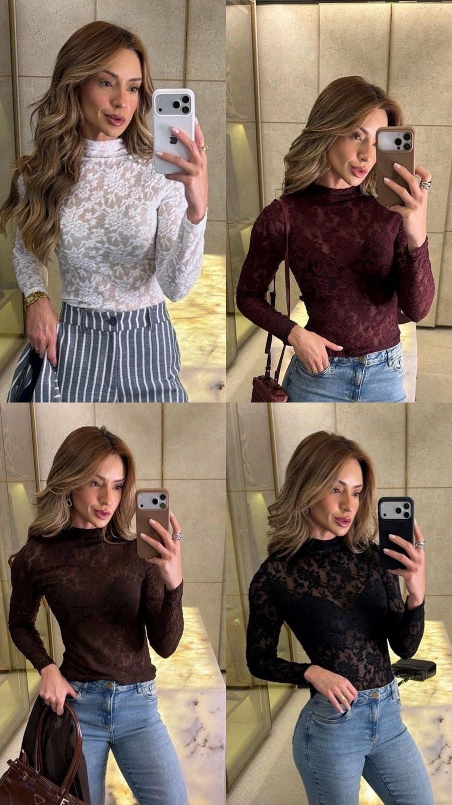 Blusa tule renda gola alta