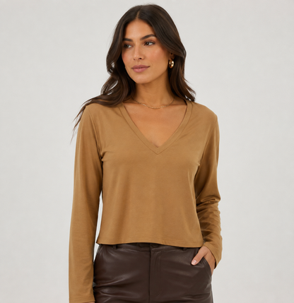 blusa manga longa decote V 100% Algodão